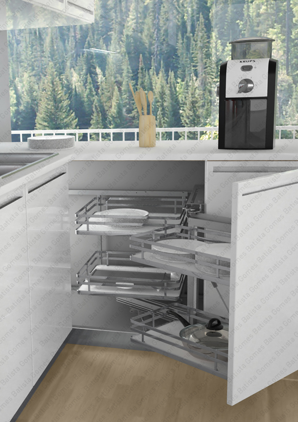 Canto m�gico com 4 cestos para aplica��o porta frontal - Abertura suave e Soft-close - M�d. 900 - Cromado